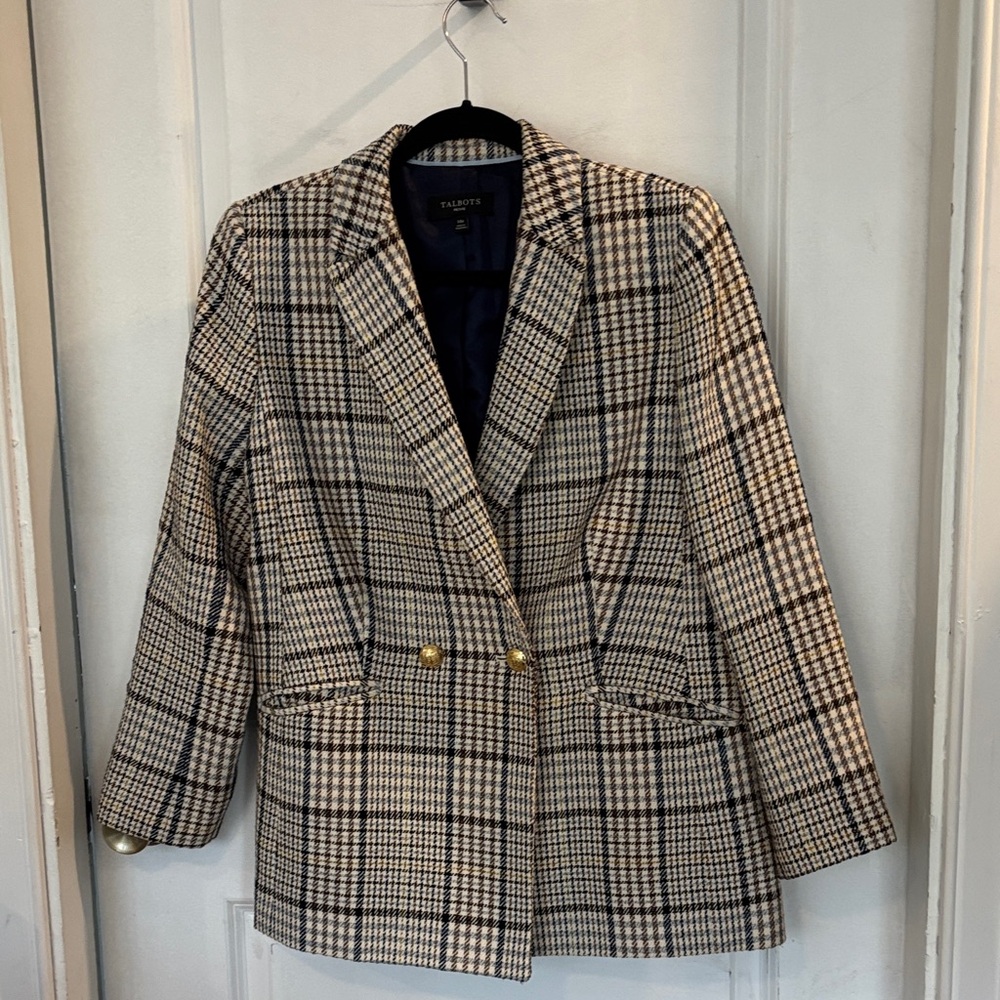 Talbots Cream and Black Plaid Double-Breasted Blazer